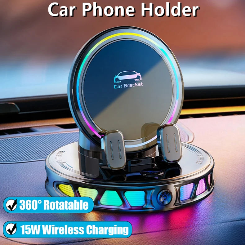 A circular car phone holder with an RGB light, featuring a bracket and wireless charging capability.