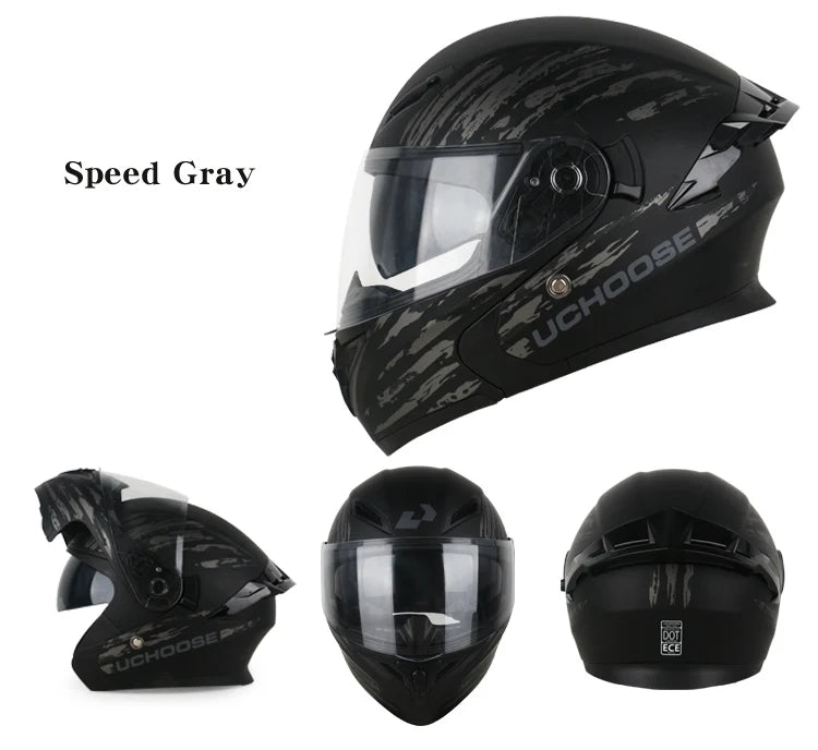 Casque de moto modular noir UChoose DOT présenté sous différents angles.