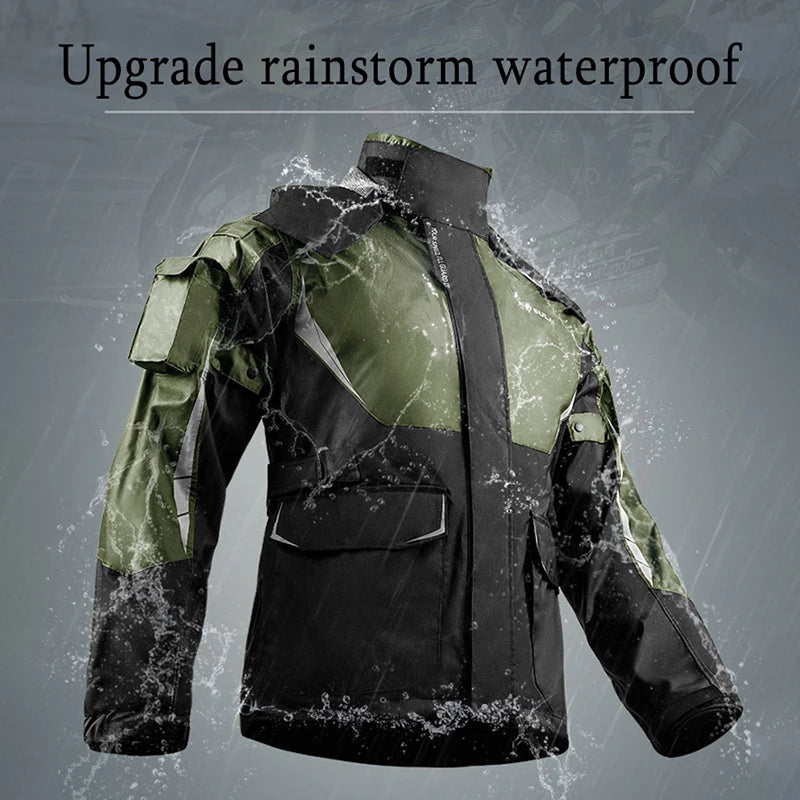 A dark green and black waterproof motorcycle raincoat is shown, covered in water droplets.