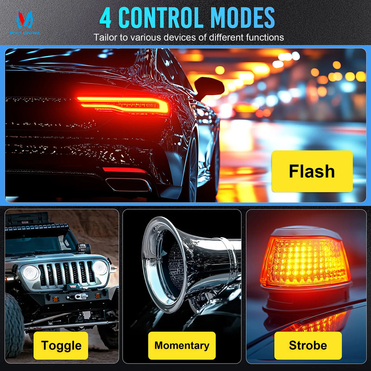A panel with four control modes Flash Toggle Momentary and Strobe for vehicle lighting.