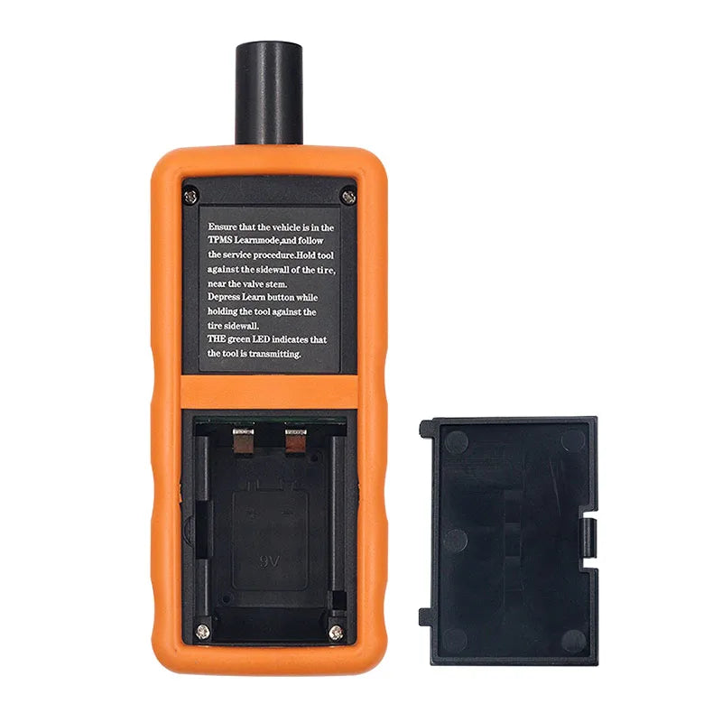 An orange TPMS tire pressure sensor re-learn tool with a black cap and a separate black tool unit.