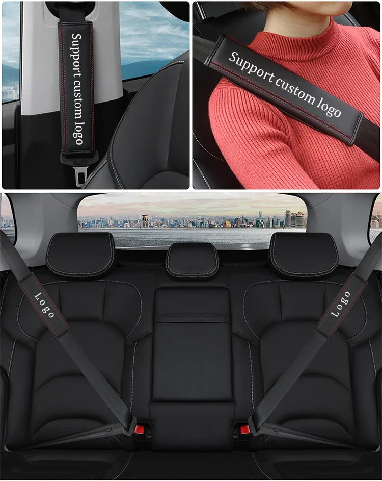 Black genuine leather seat belt protector covers installed in a car interior.