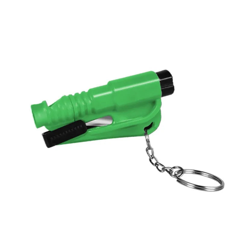A green emergency car escape tool with a window breaker and seatbelt cutter attached to a chain.