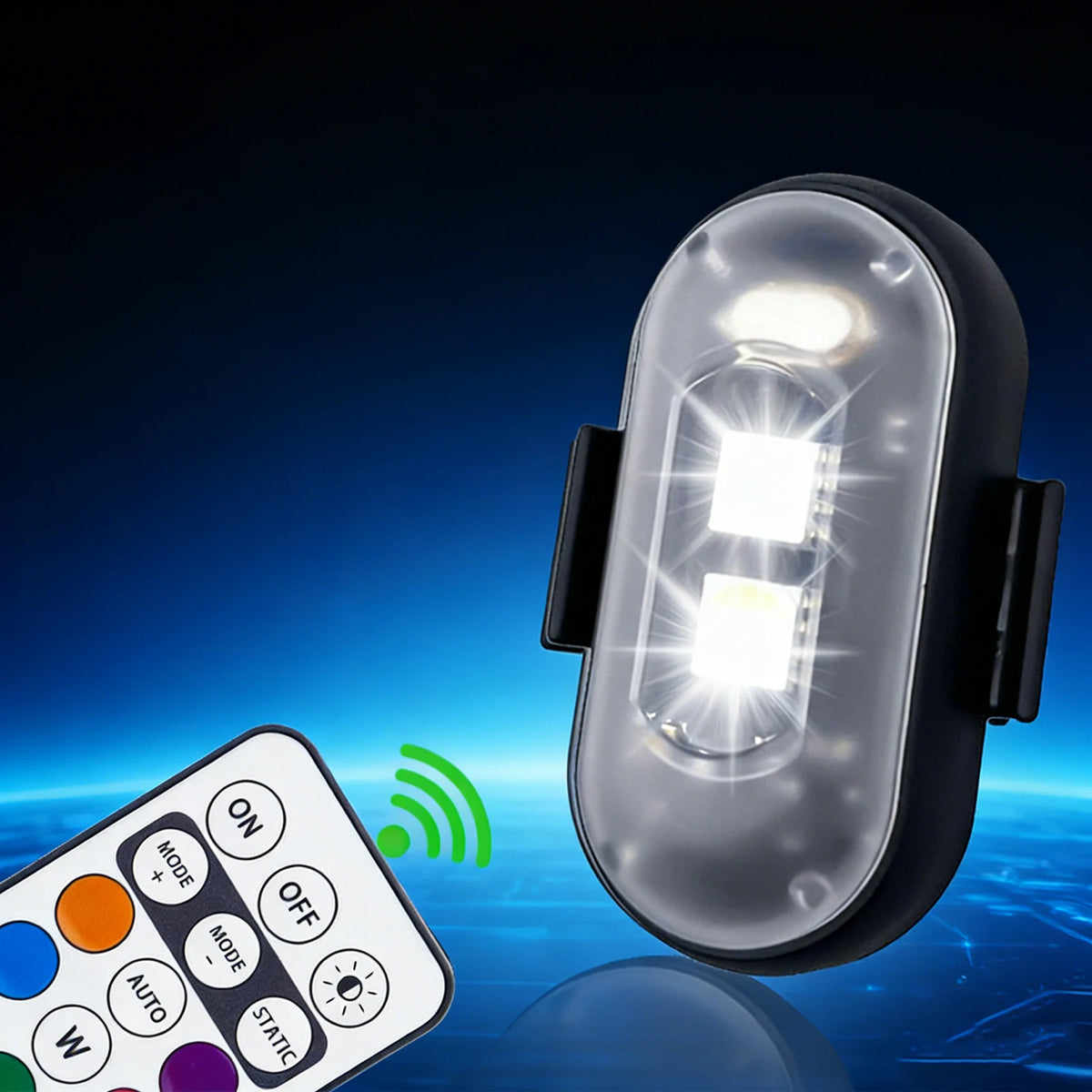 Drahtlose LED-Stroboskoplampe neben einer Steuerung mit ON, OFF, MODUS und STATIC Einstellungen