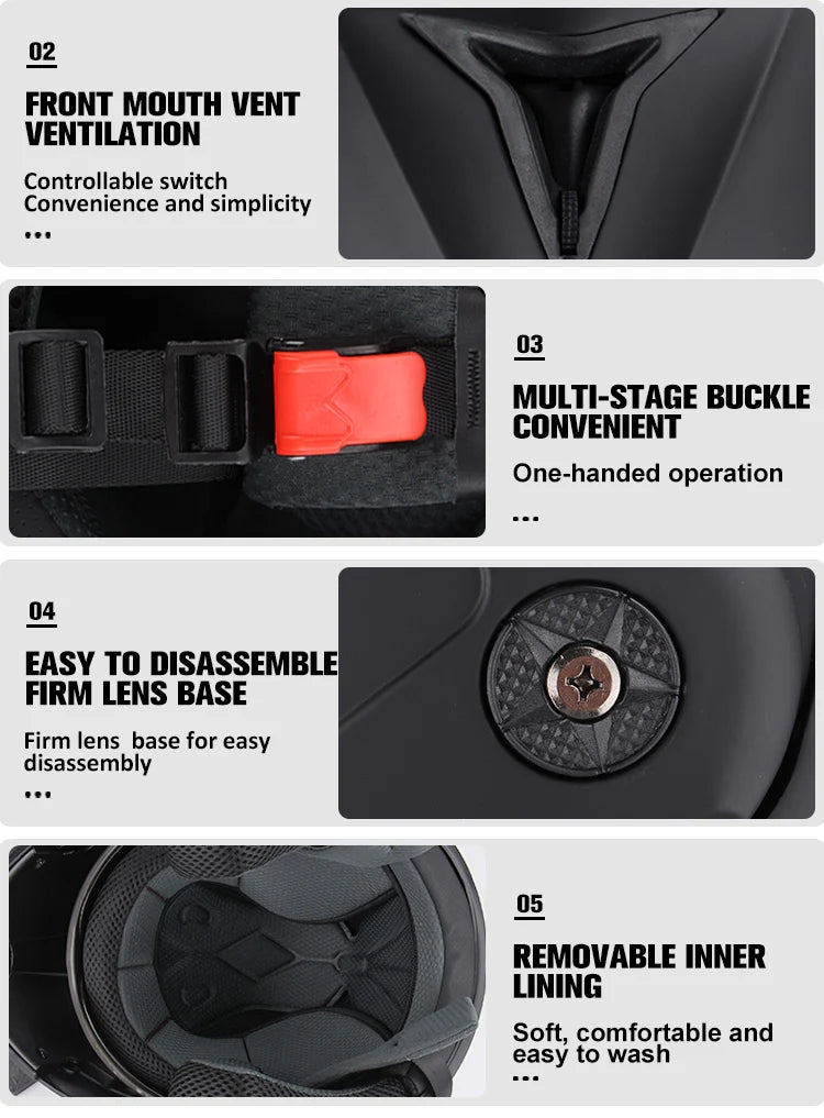 Diagrams showing features of a DOT certified double lens flip-up motorcycle helmet including front mouth vent, multi-stage bu