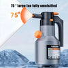 A silver electric foam sprayer with an orange nozzle is shown emitting a mist, set against a blue background.
