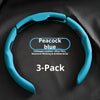 A blue PU Nappa leather steering wheel cover in a 3-pack is shown against a dark background.