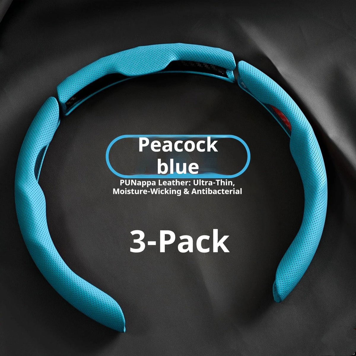 A blue PU Nappa leather steering wheel cover in a 3-pack is shown against a dark background.
