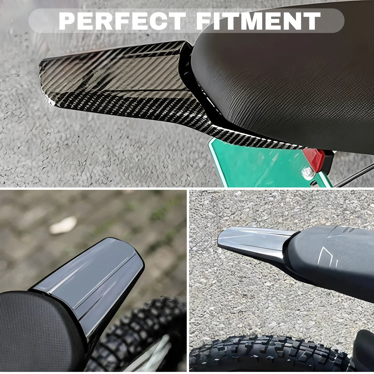 Close-up view of an aftermarket rear fender for a Sur-Ron electric bike, showing the fit and mounting mechanism.