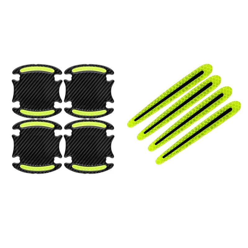 Eight black carbon fiber reflective car door handle protectors arranged in two groups.