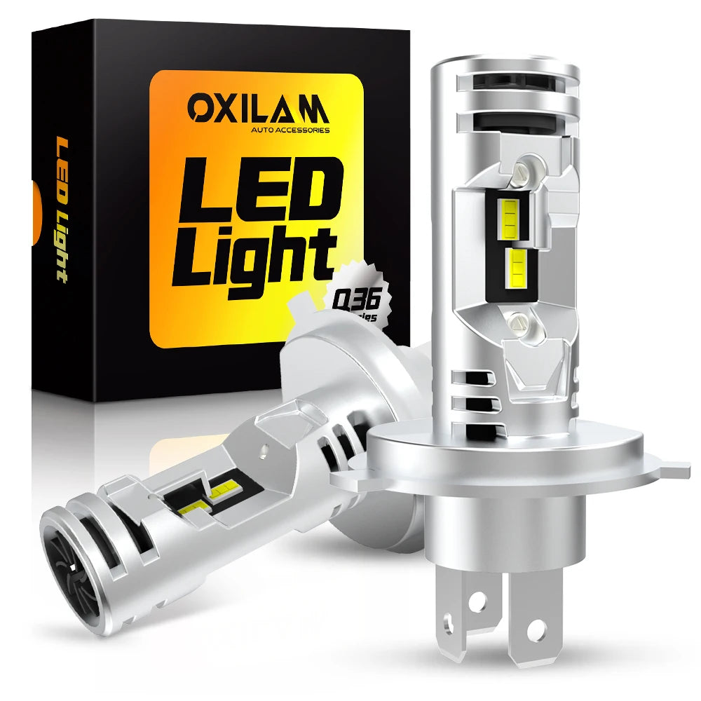 A silver LED light bulb and its packaging box are shown, highlighting a high-performance Canbus automotive headlight accessor