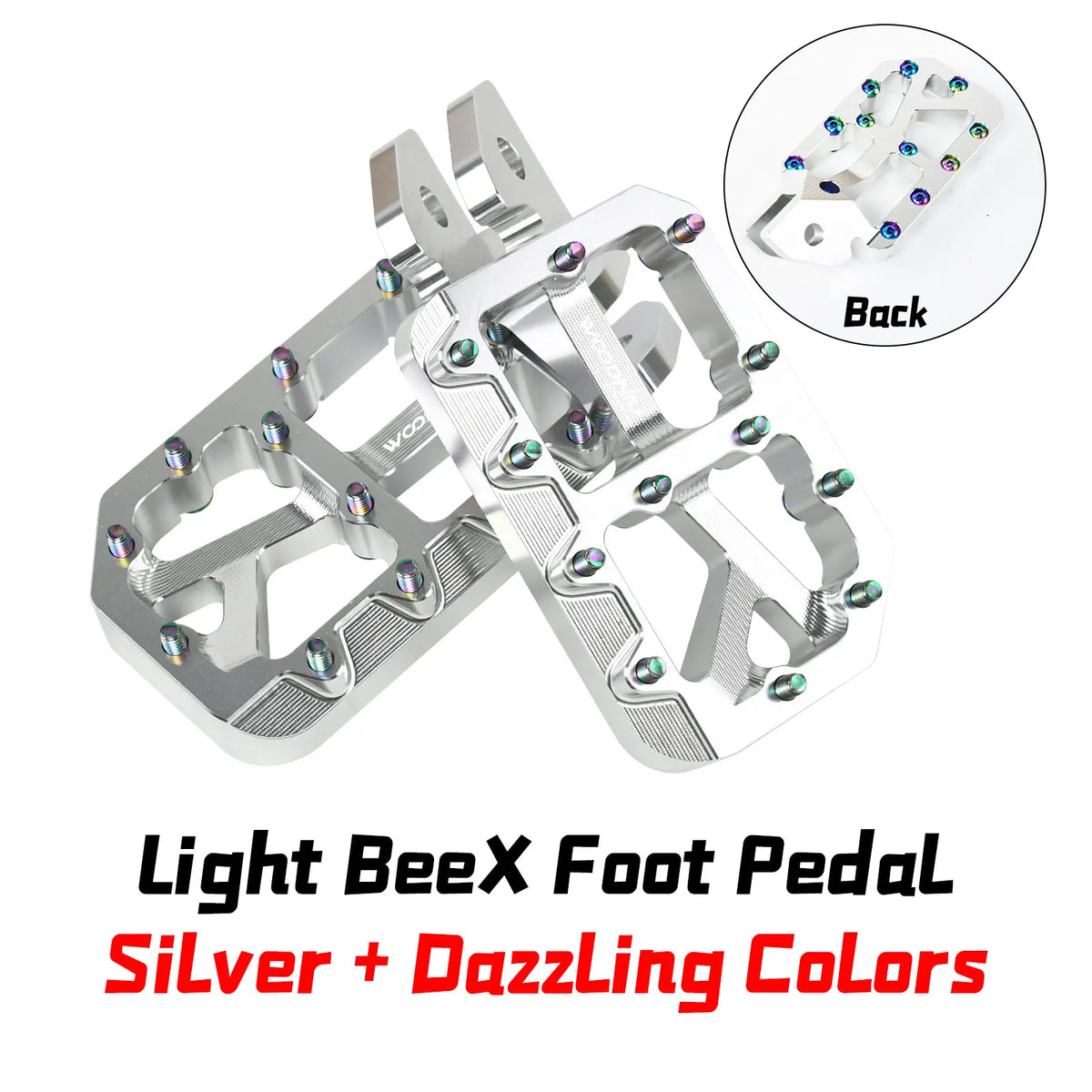 Silver Light BeeX foot pedal with dazzling colors and a back view of the pegs