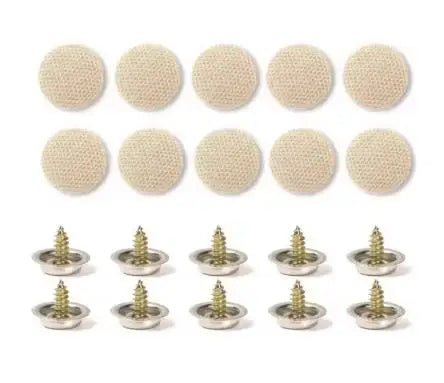 A set of beige, round, plastic fasteners used for auto headliner repair.