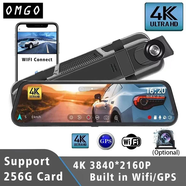 A 10-inch 4K Ultra HD smart rearview mirror dash cam with dual cameras and built-in WiFi/GPS features.