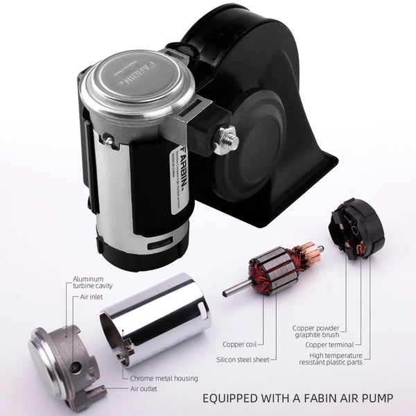 A Fabin air pump assembly with various components including a turbine, brush, and plastic parts.