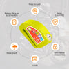 A yellow multi-function security lock is shown with various features highlighted, including battery life, waterproof rating, 