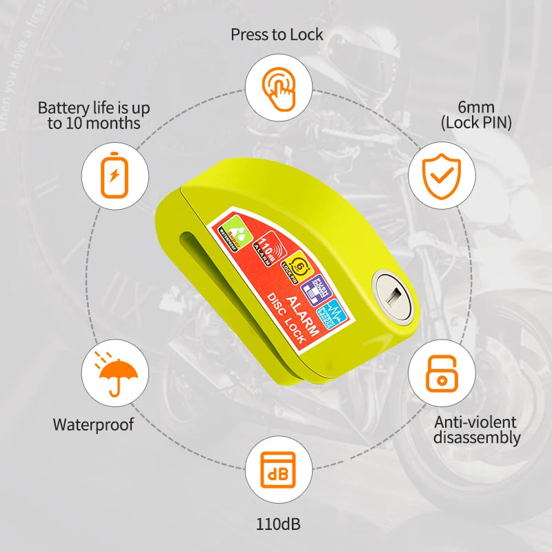 A yellow multi-function security lock is shown with various features highlighted, including battery life, waterproof rating, 