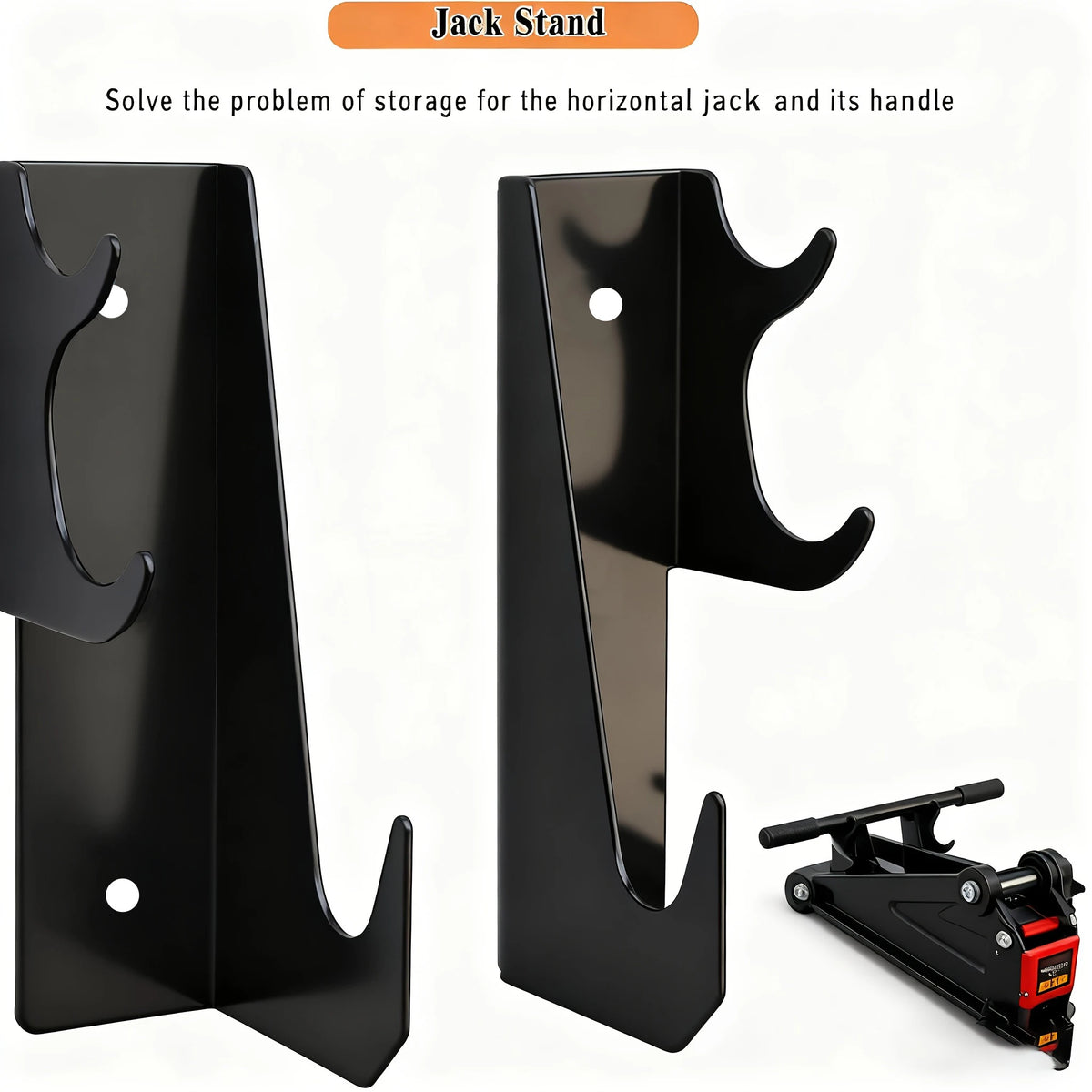 A black jack stand designed to solve storage problems for a horizontal jack and its handle.