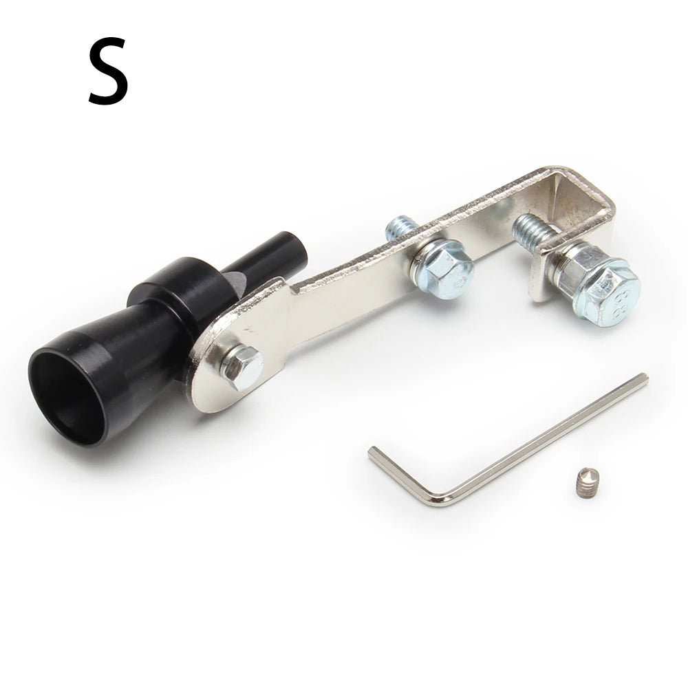 Silver metal exhaust whistle with a black nozzle and mounting hardware.