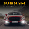 A red Audi car with amber yellow CANBUS LED fog lights on, driving on a road.