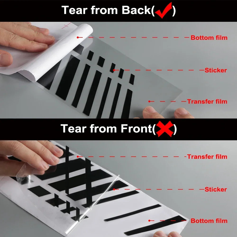 Demonstration showing how to tear a sticker from the back versus the front of a transfer film product.