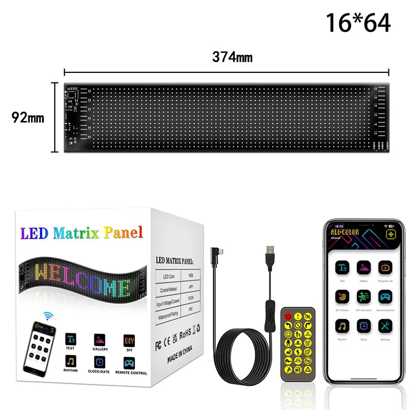 A rectangular LED matrix panel with dimensions 16x64 inches and a power cable shown next to a smartphone.