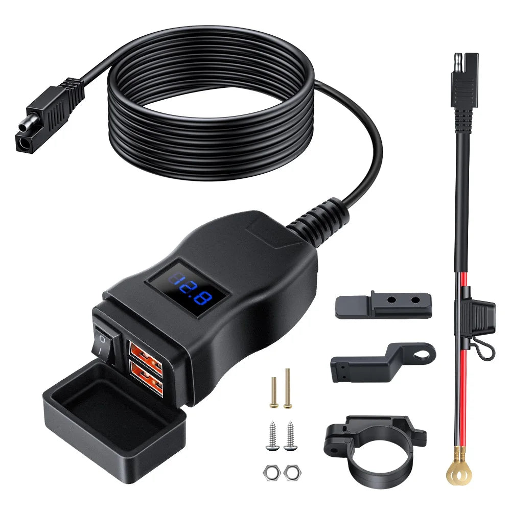 محول شاحن USB لدراجة نارية أسود مع كابل وموصلات تثبيت.