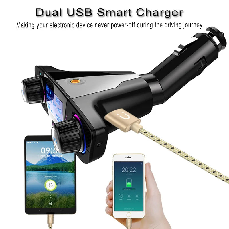 A dual USB smart charger device is shown with a cable plugged into a smartphone for charging.