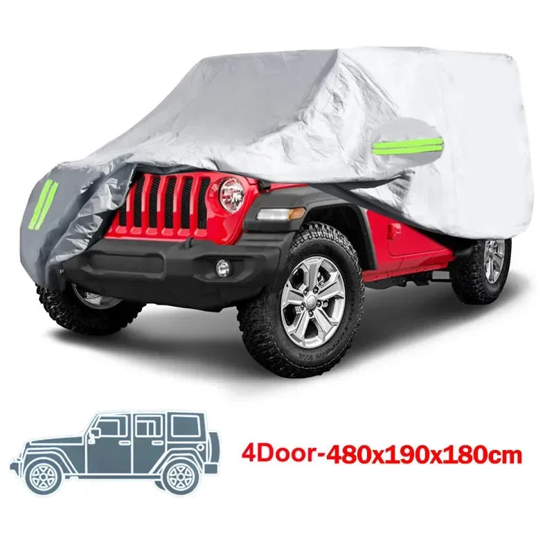 A red Jeep Wrangler is shown with a gray and white heavy-duty waterproof car cover installed.