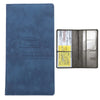 A dark blue leather card holder wallet with a clear plastic sleeve displaying identification documents.