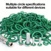 A pile of green rubber O-rings and various metal threaded components for different devices.