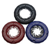 Three decorative car start button covers or decals in black, red, and blue.