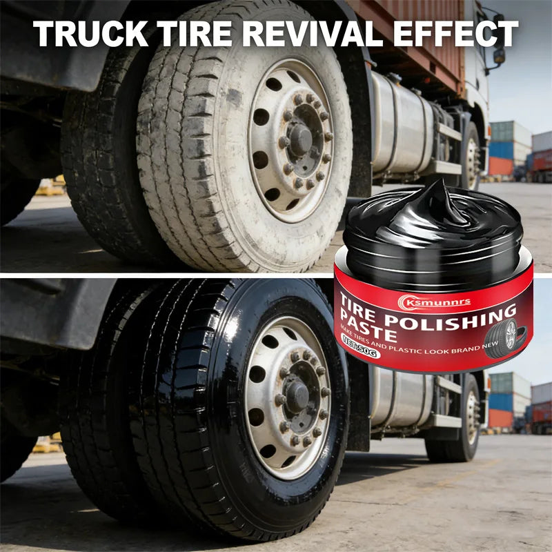 A close-up of a truck tire showing the revival effect after applying tire polishing paste.