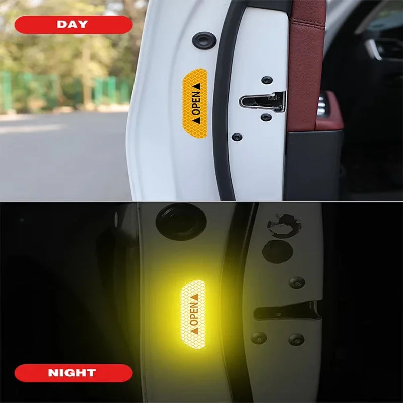 Day and night views of reflective car door warning decals indicating open status on a vehicle door.