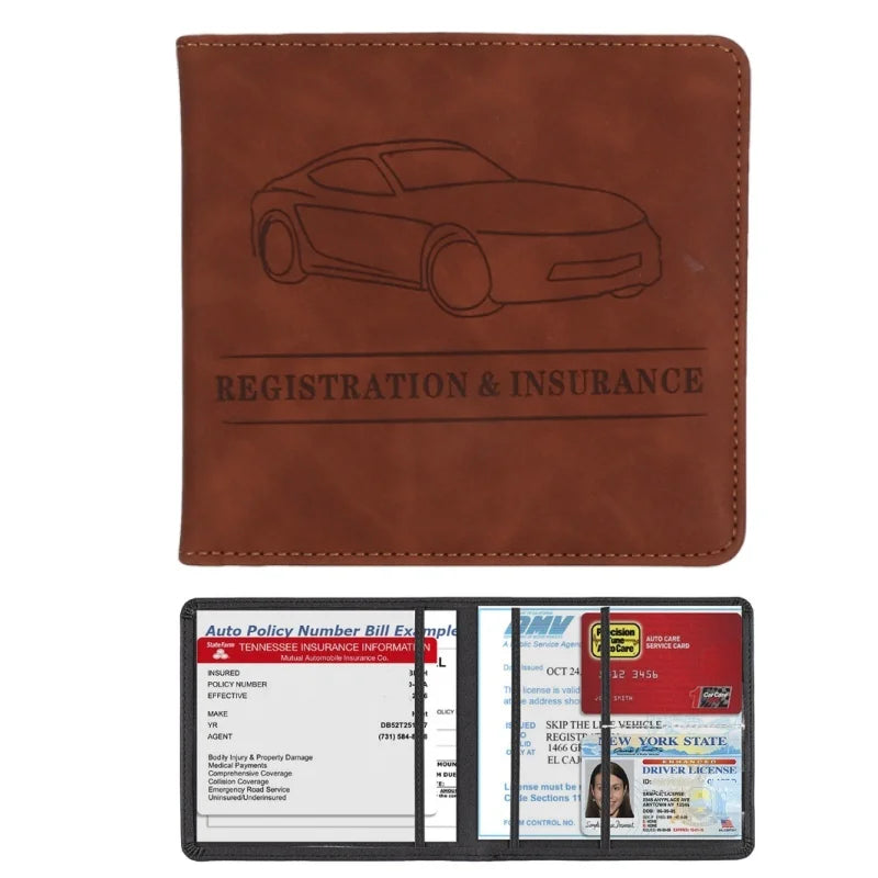 A brown PU leather document organizer featuring a silhouette of a car and text for registration and insurance.