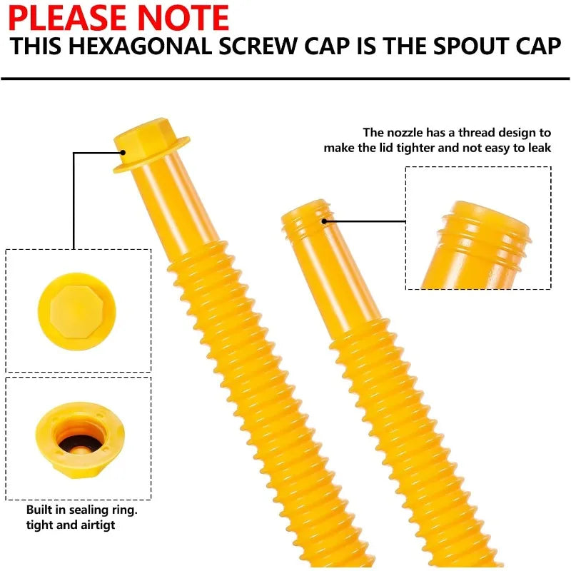 Yellow hexagonal screw cap for a fuel transfer spout, showing the cap and its threading design.