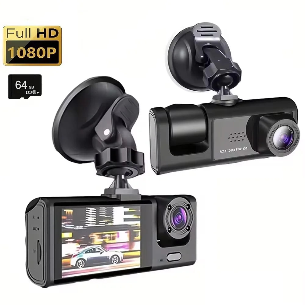 Schwarze 3-in-1 Auto-Dashcam mit Nachtsicht und Loop-Aufnahme, inklusive Kamera und Montagefuß