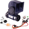 A dark blue super loud dual tone car horn with wiring and mounting hardware.