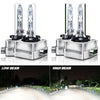 A pair of high-intensity xenon HID headlight bulbs with silver bases and clear glass tubes shown in low and high beam setting