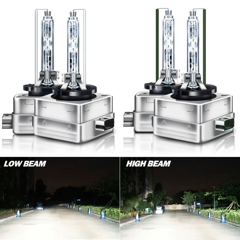 A pair of high-intensity xenon HID headlight bulbs with silver bases and clear glass tubes shown in low and high beam setting