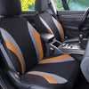Front passenger car seat covered in black and orange breathable fabric covers