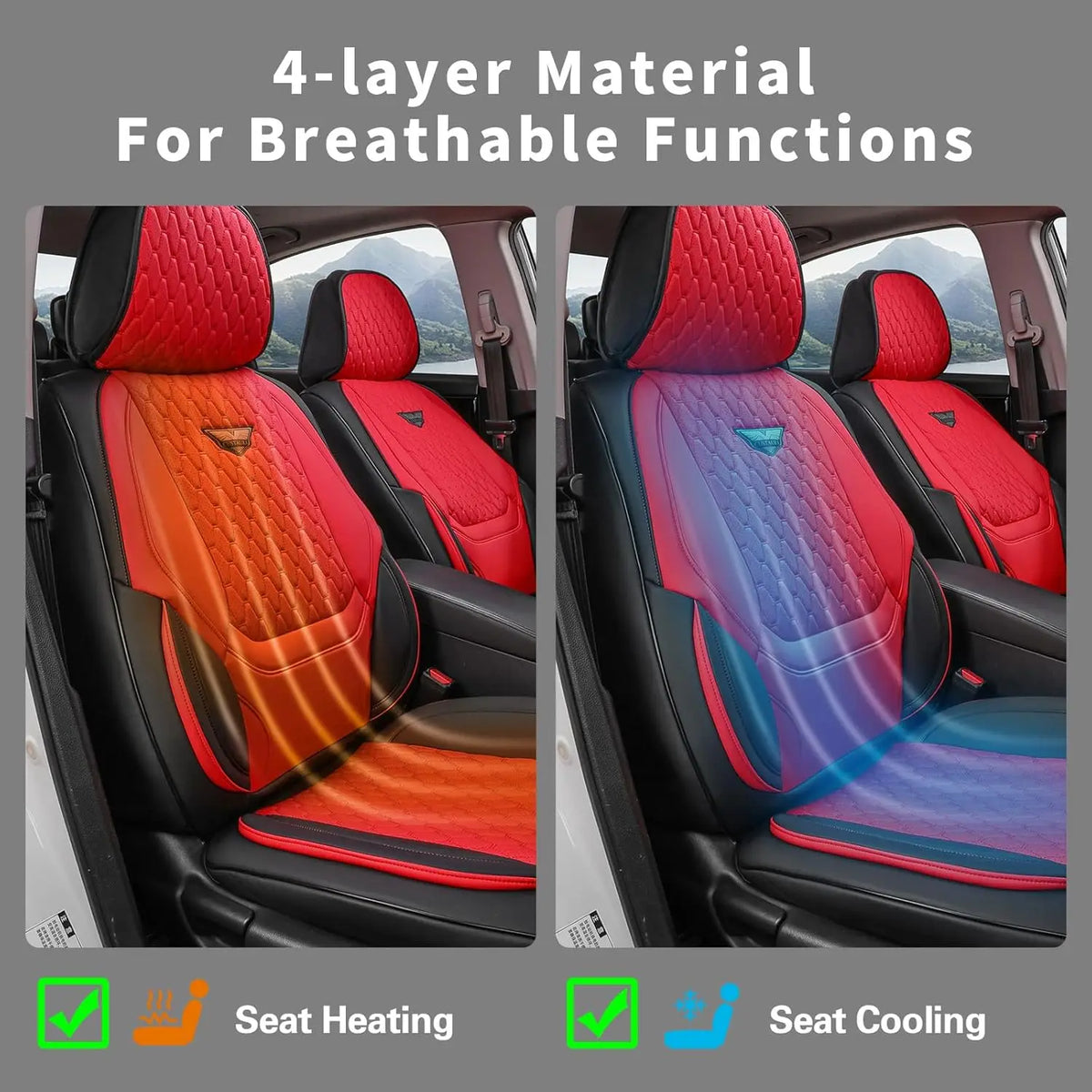 Fundas para asiento de coche de 4 capas, rojas y naranjas, que demuestran asiento transpirable con funciones de calor y frío.