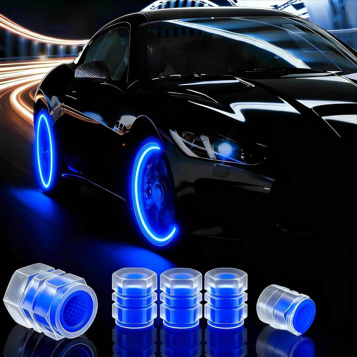 Gros plan d'une voiture noire avec des feux néon bleus, à côté de plusieurs bouchons de valve de pneu transparents lumineux.