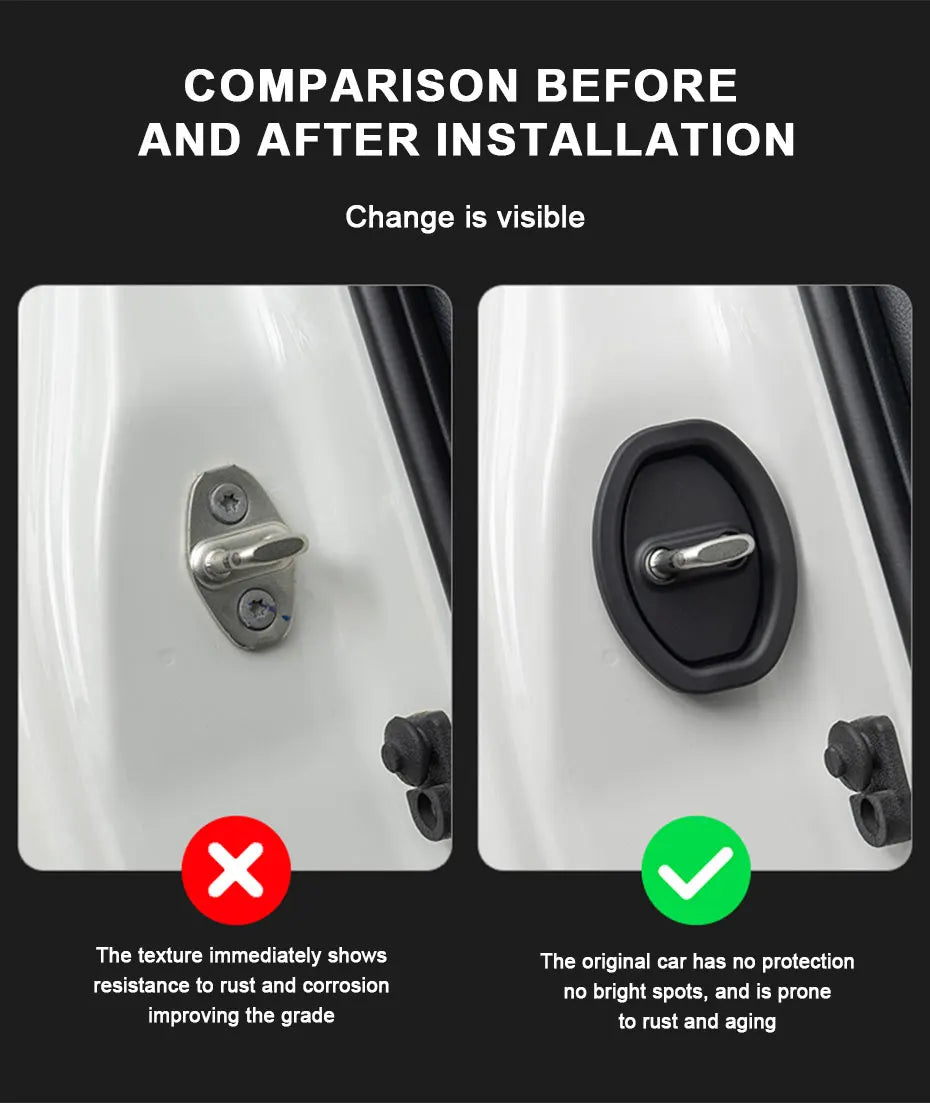 Comparaison avant/après installation de protections pour serrure de porte en silicone sur une portière de voiture.