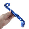 A hand is holding a blue adjustable motorcycle handlebar grip crossbar.