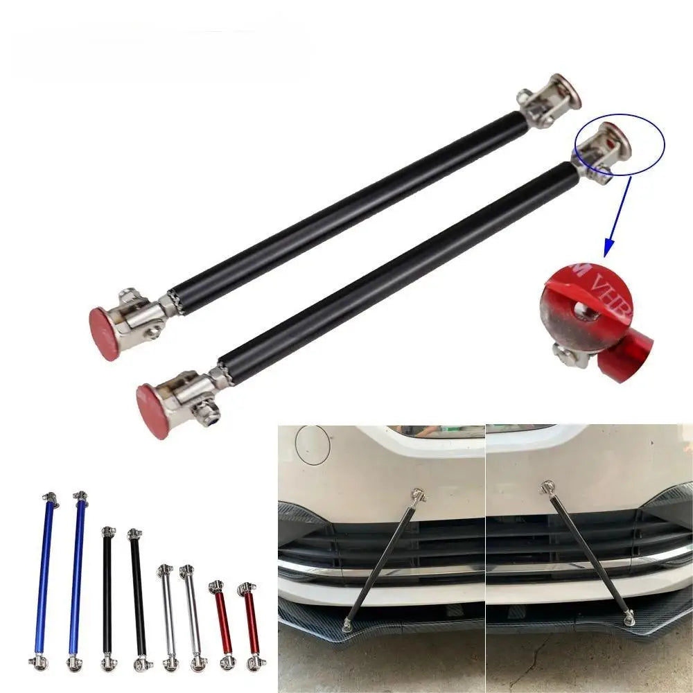 Set of black adjustable bumper lip splitter rods with silver fittings and red tips for car modification