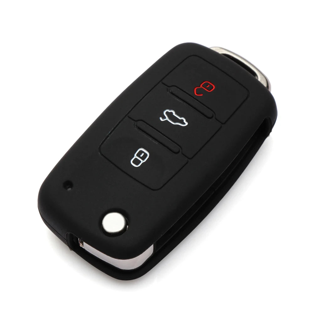 Black silicone car key cover for Volkswagen models with three visible buttons