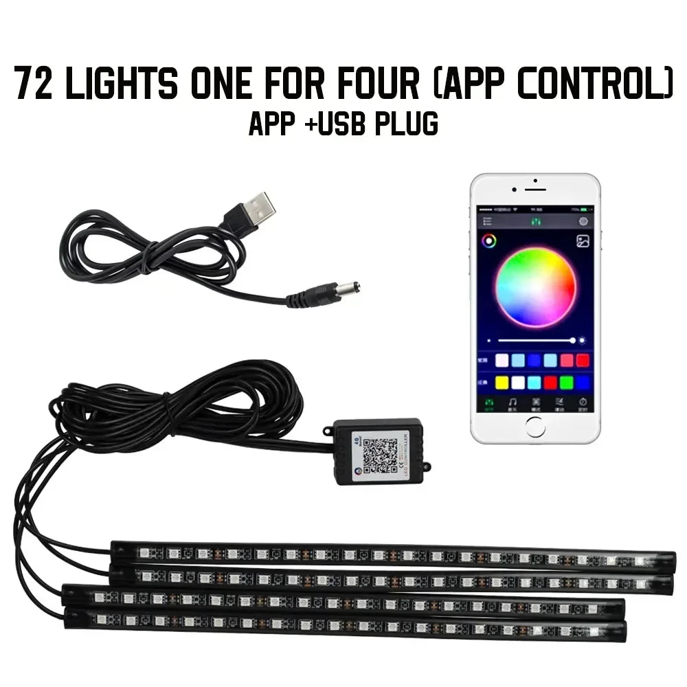 A set of 72 lights one for four RGB car underglow LED strips with an app and USB plug.