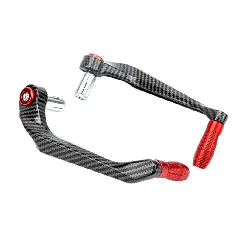 A black and gray motorcycle hand guard and lever protector with a red finish.