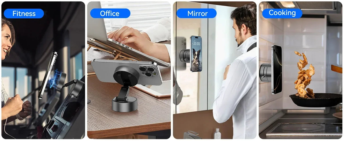 A heavy duty magnetic phone holder is shown in four contexts: fitness, office work, a mirror, and cooking.